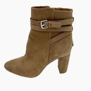 Coach Boots Booties Women Sz 9M Tan Brown Beige Suede Midcalf Buckle‎ Heel READ